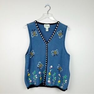 Vintage Quacker Factory Bee Vest Blue sequins flowers size large